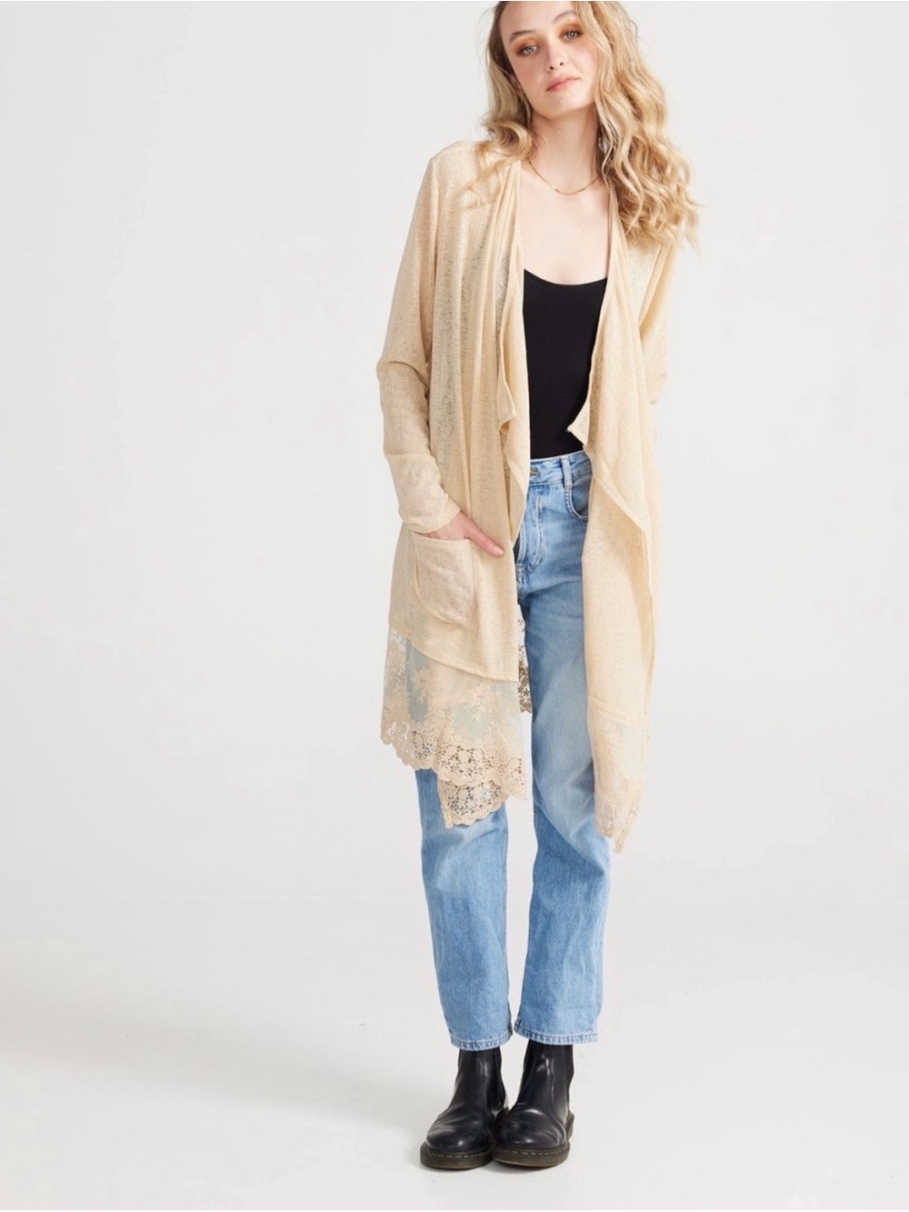Miss Rose Sister Violet The Poet Lace-Hem Open Front Women's Cardigan Sweater